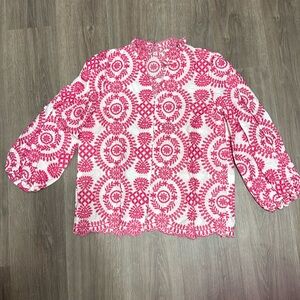 New polyester button up front blouse Scalloped bottom